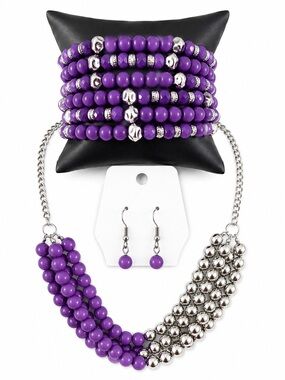 Purple Bead Necklace, Bracelet & Earring Set